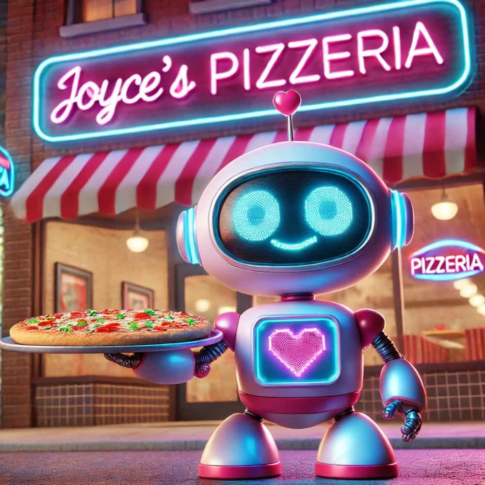 A robot serving pizza outside Joyce's Pizzeria